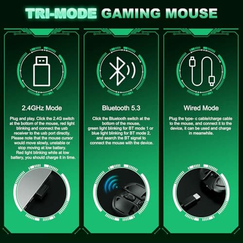 YPBDAN Wireless Gaming Mouse, Tri-Mode 2.4G/USB-C/Bluetooth 5.3 RGB Wireless Mouse, 10000 DPI, 60Hrs Battery, Ultra-Light Ergonomic Design, Rechargeable Computer Mice Compatible with PC Mac Laptop - Thumbnail 5