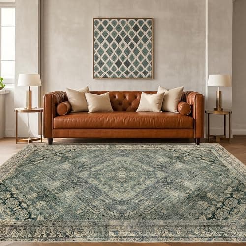 Luxcrest Green and Beige 9x12 Rug: Vintage Washable Rugs for Living Room Bedroom Soft Non Slip - Thin Stain Resistant Carpet for Dining Room Indoor - Thumbnail 5