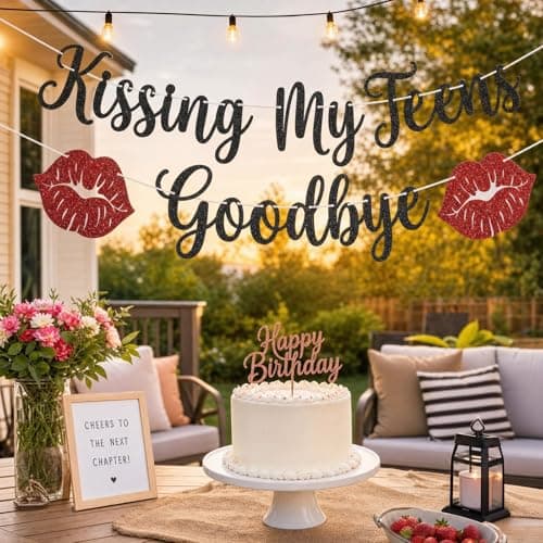 Black Glitter Kissing My Teens Goodbye Banner with Red Lips - Happy 20th Birthday Decorations for Girls Boys, Hello 20 Twenties Party Supplies, Funeral for My Youth Farewell 19 Photo Booth Backdrop - Thumbnail 6