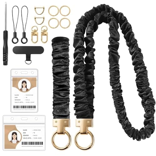 Scrunchie Lanyard with ID Holder Teacher Lanyards for ID Badges and Stretchy Scrunchie Keychain Wristlet for Women (Black) - Image 1