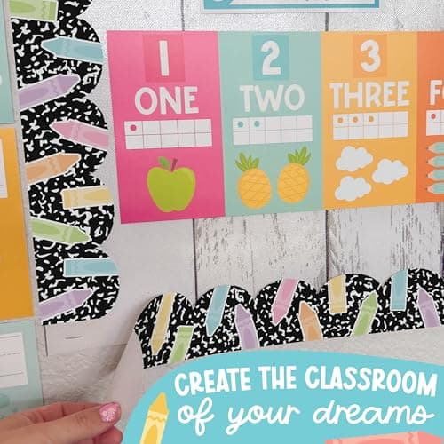 50ft Bulletin Board Borders Trim - Classroom Borders for Bulletin Board Decorations, Teacher Supplies for Classroom Decor Preschool, Kindergarten & Elementary, Crayon Scalloped Boarders - Thumbnail 6