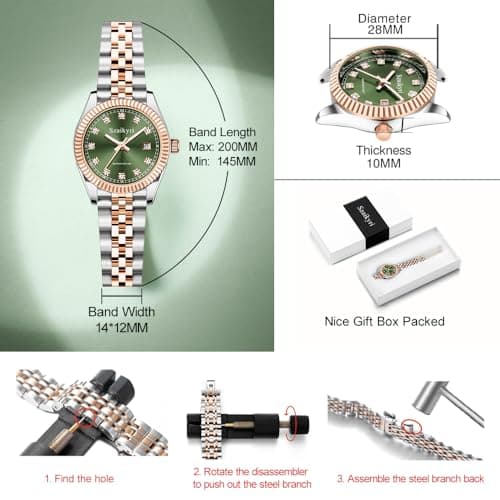 Szaikyri Classic Watch for Women with Solid Stainless Steel Band Ladies Dress Watch Womens Calendar Watch (Rosegold Green) - Thumbnail 6