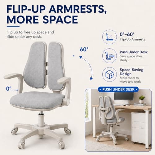 Ergonomic Kids Desk Chair with Adaptive Lumbar Support, Flip-Up Armrests & Adjustable Height — Breathable Study Chair for Ages 3-12, Ideal for Home Bedroom or Reading Nook - Thumbnail 4