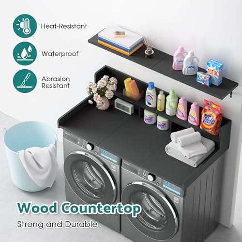 Kikihouse Washer Dryer Countertop with Floating Shelf, Wooden Laundry Countertop Over Washer and Dryer with Storage, 2-Tier Anti-Slip Laundry Machine Topper (Black) - Thumbnail 2
