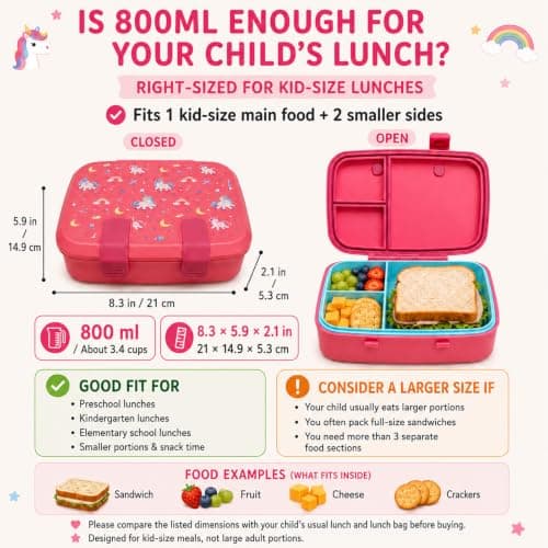 MISS BIG Bento Lunch Box for Kids, Pink Unicorn, 3 Compartments, 800ml - Thumbnail 5