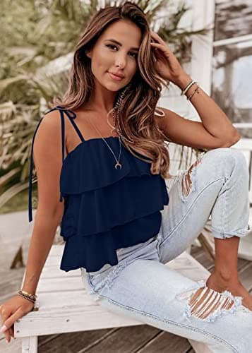 KIRUNDO Spaghetti Strap Ruffle Babydoll Peplum Tank Tops for Women 2026 Summer Cute Flowy Beach Vacation Cruise Outfits(Navy, X-Large) - Thumbnail 3