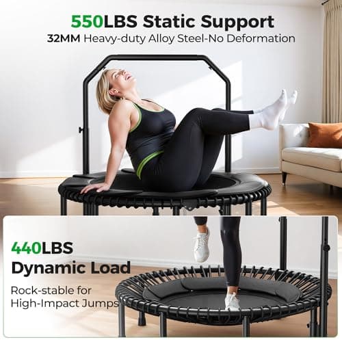 BCAN BT2 Rebounder Trampoline for Adult, 48" Fitness Trampoline with Bungees, U Shape Adjustable Foam Handle, Stable & Quiet, Indoor Outdoor Workout-48Inch-Deep Black - Thumbnail 4