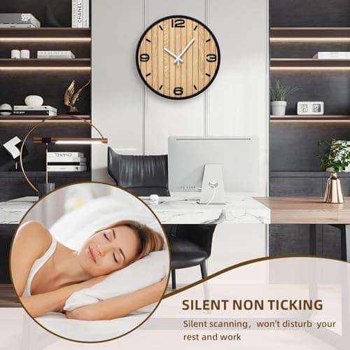 AXAORIRA 12 Inch Round Wall Clock Battery Operated, Wooden Decorative Analog Clocks Non-Ticking Quartz for Apartment, Living Room, Bedroom, Hallway, Classroom - Easy to Install & Read - Thumbnail 3