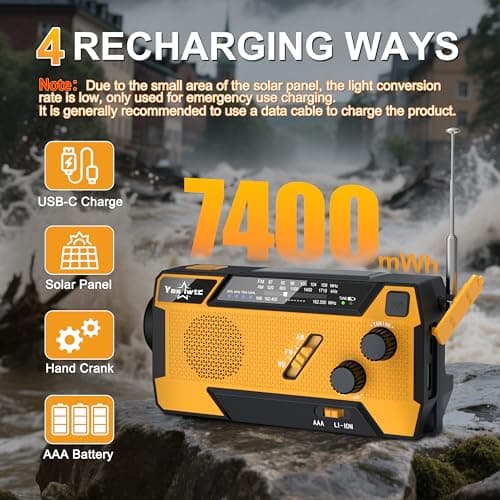 Hand Crank Emergency Radio 7400mWh (2000mAh) Solar Hand Crank Radio Built in 3 Charging Cables AM/FM/NOAA Weather Radio Battery Operated Hand Crank Charger for Emergency Supplies Survival Gear - Thumbnail 5