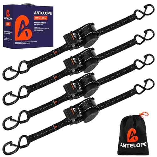 Retractable Ratchet Straps (4 PK) 1 in x 12 ft Auto Retract Tie Down Straps, 1500lb Break Strength AutoRetract Self Retracting for Motorcycle, Truck, Cargo, Trailer, ATV, UTV -Black