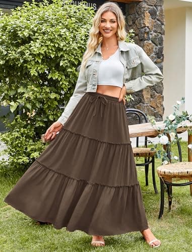 Arolina Maxi Skirts for Women Casual Summer Elastic High Waisted Flowy Boho Skirt Ruffle Tiered Pleated Long Skirts S Khaki - Thumbnail 2