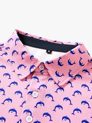 JEMLDL Golf Polo Shirts for Men Dry Fit Summer Short Sleeve Performance Moisture Wicking Casual Printed Collared Polo Shirt Pink Dolphin Ocean XL - Thumbnail 5