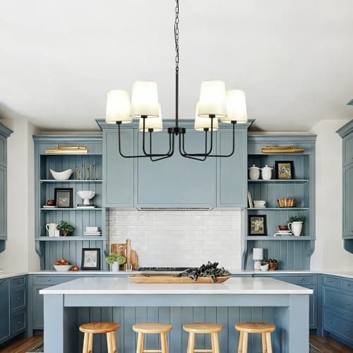 Omgomne Matte Black Farmhouse Chandelier with White Fabric Shades, 29.5” 6-Light Modern Dining Room Light Fixture, Minimalist Rustic Hanging Pendant Lamp for Kitchen Island, Living Room, E12 Base - Thumbnail 3
