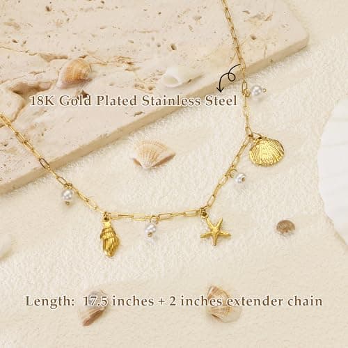 Seashell Charm Necklace for Women, Gold Summer Necklace Cute Vintage Beach Necklace 17" Paperclip Chain With Starfish Pendant Charms Necklaces as Waterproof Summer Jewelry Beach Stuff for Vacation - Thumbnail 4