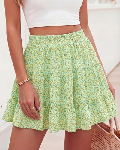 BTFBM Summer Skirts for Women 2026 Floral High Waist Shorts Underneath Boho Tiered Flowy Tennis Skorts Casual Mini Skirt(Floral Green Yellow, Small) - Thumbnail 4