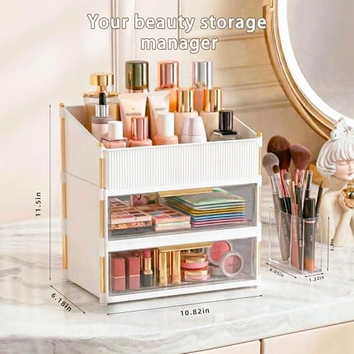 Asdbko Large Capacity Makeup Organizer Countertop with Brush Holder, Vanity Skincare Perfume Storage Box for Bathroom, Mother's Day Birthday Anniversary Teen Girl Gifts for Women Mom - Thumbnail 5