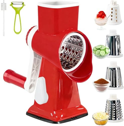 Rotary Cheese Grater with Handle, Multifunctional Kitchen tool, Stainless Steel Rotary Grater Slicer for Fruit, Vegetables, Nuts (Red) - Image 1