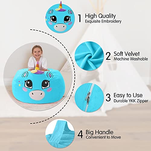 Aubliss Stuffed Animal Storage, Velvet Bean Bag Chairs Cover, Large 32" Ultra Soft Kids Toy Storage Organizer for Blankets Towels Clothes, Blue Big Eyes - Thumbnail 2