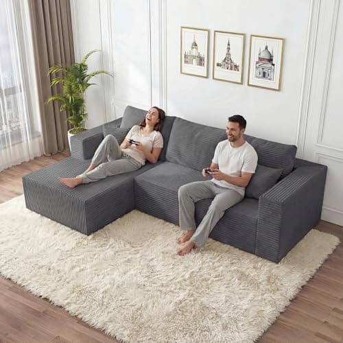 108" Modular Sectional Sofa, L-Shaped Cloud Couch with Deep Seats & Chaise, Convertible Corduroy Boneless Couches for Living Room, Bedroom, No-Assembly - Dark Grey - Thumbnail 3