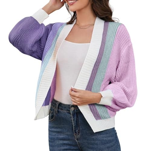 Women's Color Block Short Cardigan Without Button Trendy Open Front Cropped Long Sleeve Sweaters Fall Spring Dopamine Clothes for Teen Girl (Purple, XXL) - Image 1