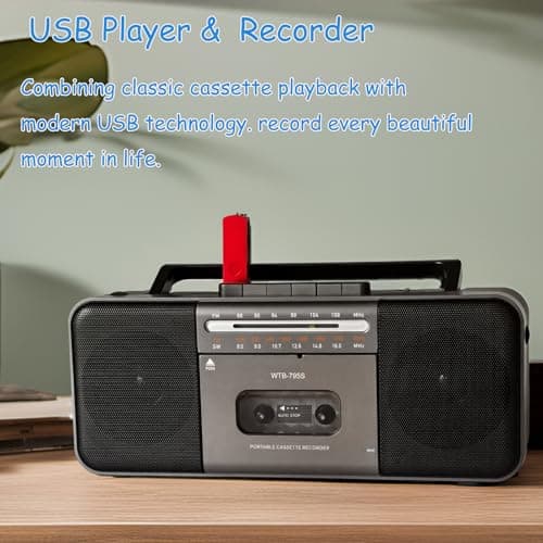 Portable Cassette Tape Player Recorder,AM/FM/SW Radio with Bluetooth,USB/SD, Big 10W Speaker,Record to Cassette/U Disk/SD Card via Mic, MP3 Converter, Earphone Jack,AC/DC Powered - Thumbnail 5