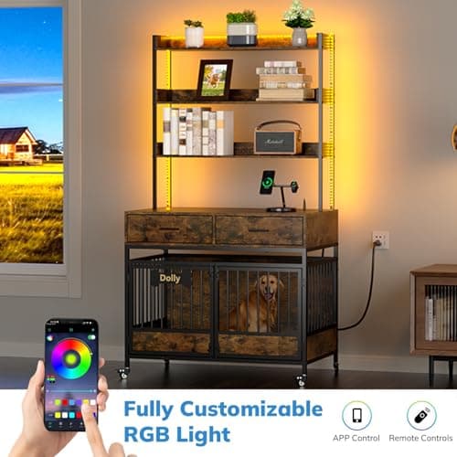 Petrova 40" Dog Crate Furniture with LED Light & Power Outlets, Heavy Duty Indoor Dog Kennel for Small/Medium Dogs, Wooden Dog Cage with Open Shelves, Storage Drawers, Lockable Wheels, Brown - Thumbnail 2