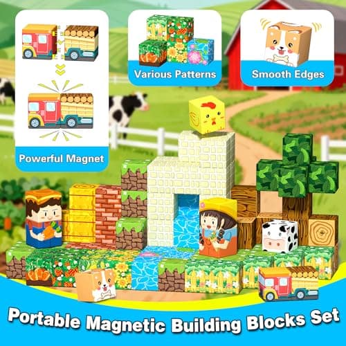 Mini Magnetic Blocks, Magnet Building Cubes, Farm Animal Travel Outdoors Toys with Portable Iron Box, STEM Montessori Sensory Educational Toys for Toddlers, Gift for Kids Ages 3-8 Boys & Girls - Thumbnail 3