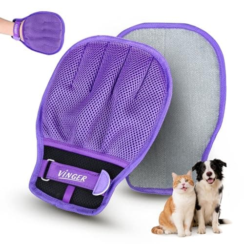 VINGER Pet Hair Removal Glove for Cats & Dogs, Electrostatic Pet Hair Gloves with Adjustable Wristband, Five-Finger Magic Brush Remover Tool for Laundry, Carpet, Couch, Car Seats & Clothing (Purple)