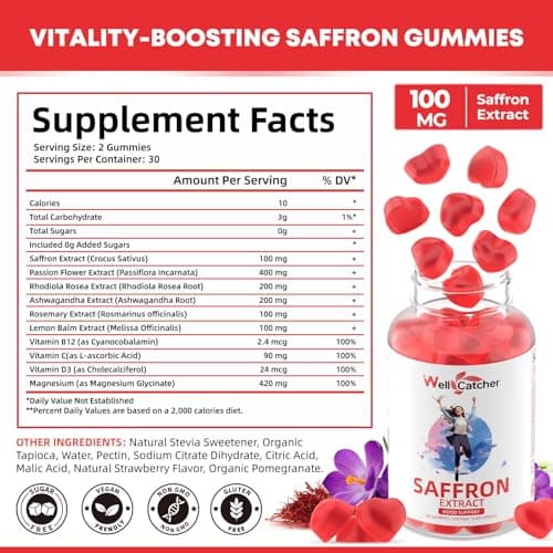 Saffron Gummies for Adults Kids - Organic Saffron Extract Supplement for Men Women Sugar Free for Mood Balance Support Better Sleep Metabolism with Vitamins Non GMO Strawberry Flavored 30 Days Supply - Thumbnail 2