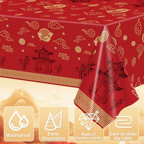 party greeting Hibachi Table Covers 3 Pack Japanese Disposable Plastic Tablecloth 54x108 Inch Chinese Decorations Cultural Tableware Spring Festival Plastic Table Cover for New Year Asian Party（Red） - Thumbnail 3