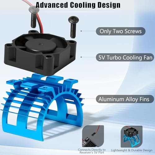 Alloy Heat Sink with 5V Cooling Fan for Traxxas Trx4 Slash ARRMA SCX10 and 1/10 RC Car - Compatible with 540, 550, 3650 Size Brushless Motor(Blue) - Thumbnail 5