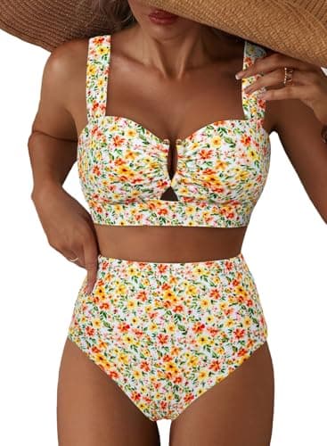Herseas Women U Wire Cutout Bikini Sets Floral Print High Waisted Slimming 2 Piece Swim Suits Moderate Coverage Removable Padded Bathing Suit Cute Beach Vacation Clothes Yellow Green Floral Medium - Image 1