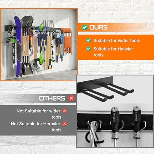 Evalote "48 Garage Tool Organizer Wall Mount - Heavy Duty 520lbs Metal Storage Rack, Easy Install Adjustable Hooks for Garden Tools Brooms - Thumbnail 4