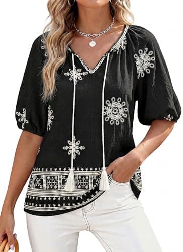 CFLONGE Womens Summer Boho Tops Casual Puff Short Sleeve Blouses V Neck Floral Shirts Loose Tie Front Flowy Vacation Clothes(Black White Flower,Small) - Image 1