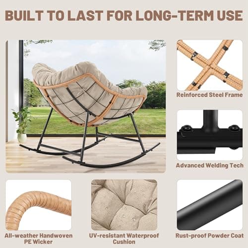 TEROL Outdoor Comfy Rocking Chair with Thick Cushion, Rattan Rocker Egg Chair Indoor with Straps, Patio Rocking Chair 450lbs for Garden, Backyard, Balcony, Lawn, Bedroom, Living Room (Beige) - Thumbnail 4