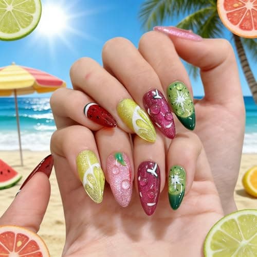 Tesytto Fruit Press on Nails Medium Almond - Cat Eye Effect with Hand-painted Watermelon Lemon & 3D Water Drop Cute Edgy Style, Thick Acrylic and Muti-Layer Gel False Nails (Fruit Party, M)