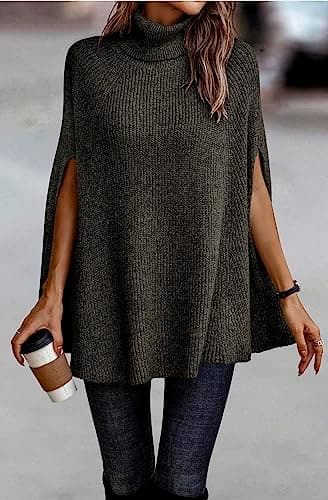 KIRUNDO Women's 2026 Fall Winter Turtleneck Poncho Sweater Fashion Chunky Knit Cape Wrap Sweaters Pullover Jumper Tops(Army Green, Medium) - Thumbnail 3
