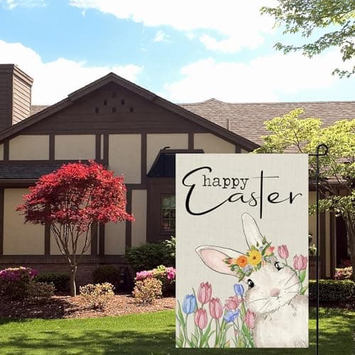 Easter Garden Flag, Bunny Burlap Yard Garden Flag for Easter Outdoor Decorations, Easter Lawn Flag for Outside, Happy Easter Garden Flag 12x18 Inch Double Sided - Thumbnail 3