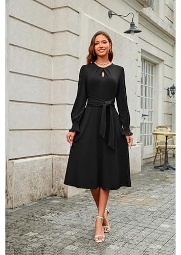 ECOWISH Womens Dresses 2025 Fall Long Sleeve Tie Waist Casual Wedding Guest Party Cocktail Flowy A Line Midi Dress with Pockets Black Large - Thumbnail 2