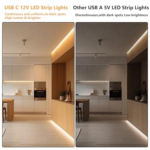 16.4ft 12V LED Strip Lights Warm White, USB C LED Light Strip Powered by Type-C, Flexible Cuttable LED Tape Light, USB Powered LED Lights for Bedroom, Cabinet, Mirror, 1ft USB-C Cable Included - Thumbnail 4
