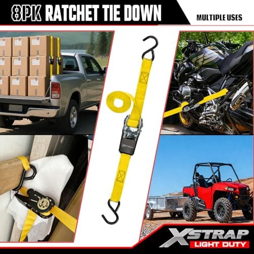 XSTRAP STANDARD Ratchet Tie Down Straps - 8PK - 1'' x 10 ft - 900 LB Break Strength Cargo Straps for Moving Appliances, Lawn Equipment, Motorcycle Yellow - Thumbnail 3