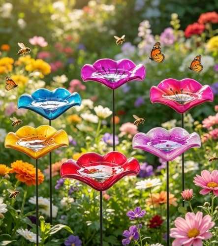 Twirleternity Bee Watering Station for Garden, 6 PCS Glass Bee Baths & Butterfly Watering Station with Metal Stakes, Colorful Butterfly Bath Bowl for Outdoor Garden Yard Decor - Image 1