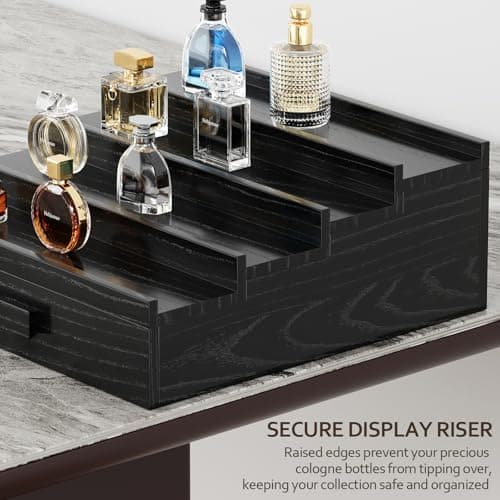 Hrbjunuo Solid Walnut Cologne Organizer for Men, 4 Tier Cologne Stand, Wooden Cologne Holder Display Shelf with Drawer Storage and Hidden Compartment, Black Perfume Stand Organizer, Gifts for Men - Thumbnail 6