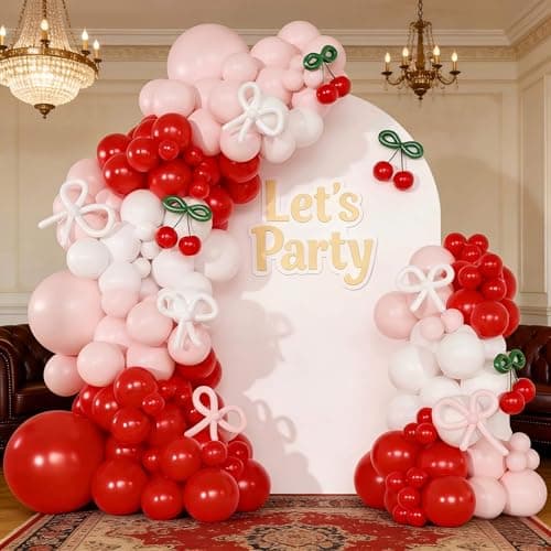 Cherry Red Balloon Garland Arch Kit, Bow Pastel Pink White 260 Balloons for Cherry Themed Birthday Baby Shower Wedding Galentine's Bridal Shower Birthday Party Decorations - Image 1