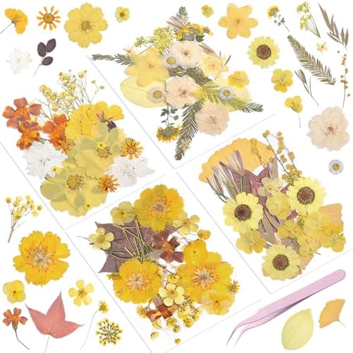 Yuboo 92Pcs Yellow Pressed Flowers for Resin, Boho Fall Bulk Real Natural Dried Flowers for DIY Art Crafts, Scrapbooking Candle Soap Phone Case Frame Jewelry, with Tweezer - Image 1