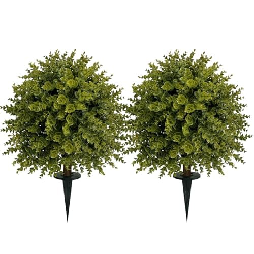 2 Set 25" Artificial Eucalyptus Topiary Ball Trees with Ground Spike,Artificial Plants Outdoor,Fake Bushes & Shrubs for Porch, Garden, Front Porch Decor - Indoor/Outdoor Faux Plants - Image 1
