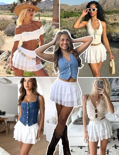 Avidlove Plus Size Women's White Ruffle Mini Skirt with Shorts Tiered Layer Mesh Skort Elastic Waist Flowy Hem - Thumbnail 3
