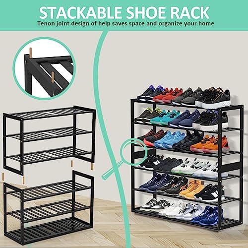 Jripae Bamboo Shoe Rack for Closet, 3 Tier 32.5inch Longer Shoe Organizer Shelf Holder Storage 12-15 Pairs Stackable for Entryway Door Hallway Bedroom Garage Space Saving Foldable Black - Thumbnail 6