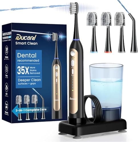 Ducard Electric Toothbrush with Water Flosser, 3 Sonic Toothbrush Modes & 5 Water Flossing Pressure for Deep Clean, IPX7 Waterproof for Shower, Rechargeable Flosser for Braces Sensitive Gums, 4 Heads