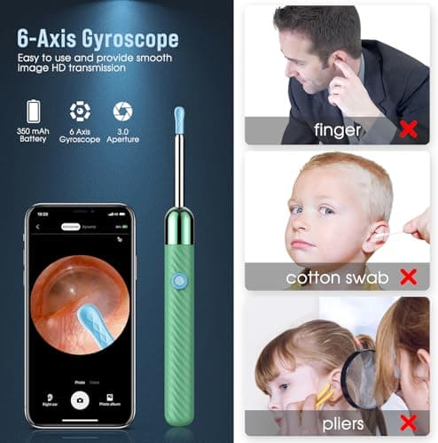 LEIPUT Ear Wax Removal - Earwax Remover Tool with 8 Pcs Ear Set - Ear Canal Cleaner with 1080P Camera - Ear Cleaning Kit with 6 Ear Spoon - Ear Camera for iOS & Android (Green) - Thumbnail 4